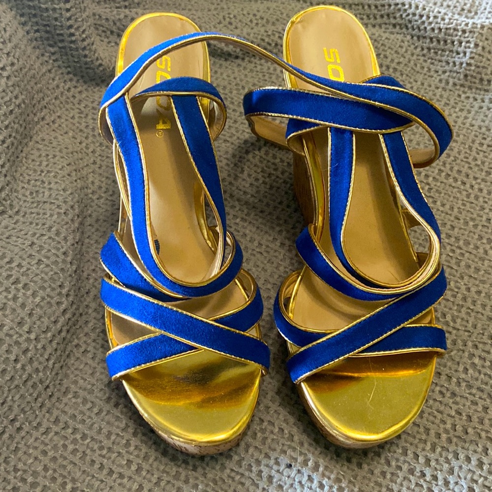 Blue and gold wedges buy SODA size 9